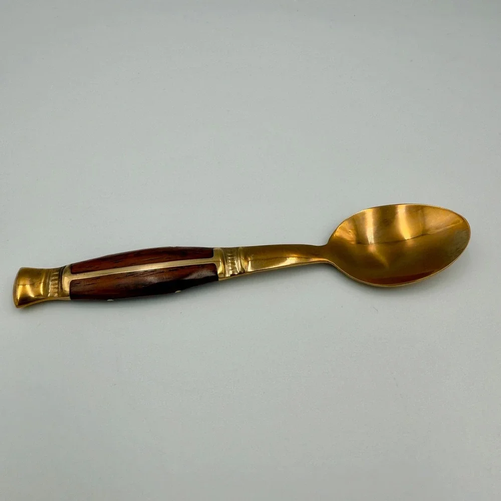 Vintage Thailand Bronze Spoon Wood Inlay Handle Mid Century Modern Flatware